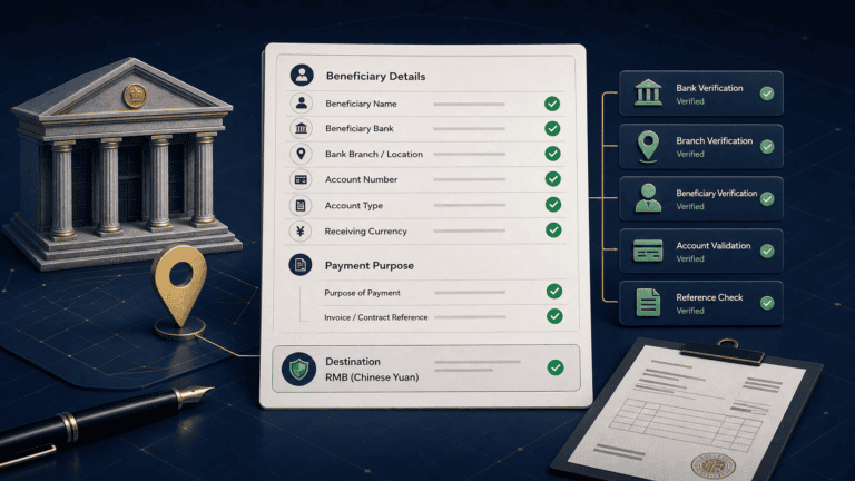 Illustration of Chinese bank TT beneficiary and payment-purpose verification fields