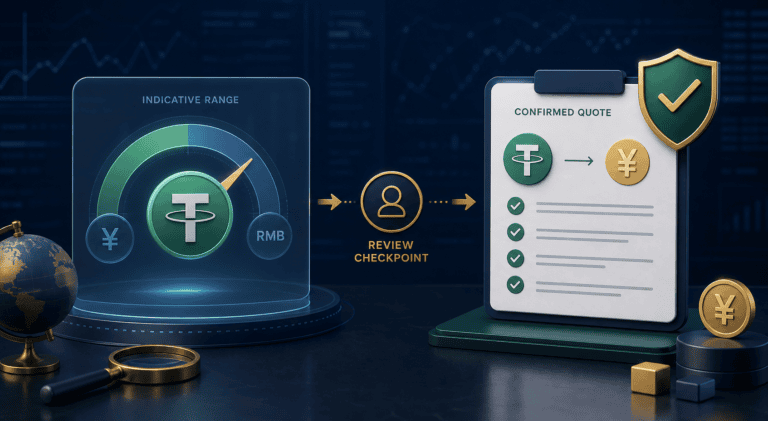 Illustration comparing an indicative USDT-to-RMB planning range with a reviewed confirmed quote