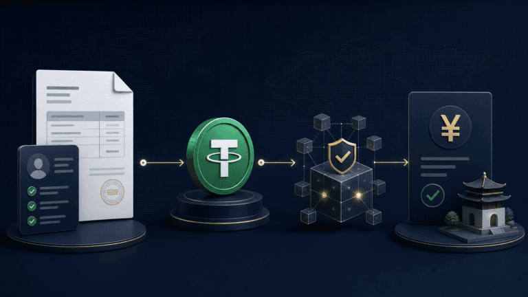 Illustration of a Chinese supplier invoice, verified USDT transfer, and RMB beneficiary confirmation