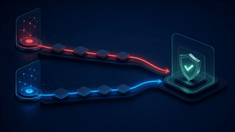 Illustration of two separate blockchain network paths reaching a verified wallet checkpoint