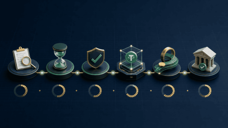 Illustration of six checkpoints in a USDT-to-RMB settlement timeline