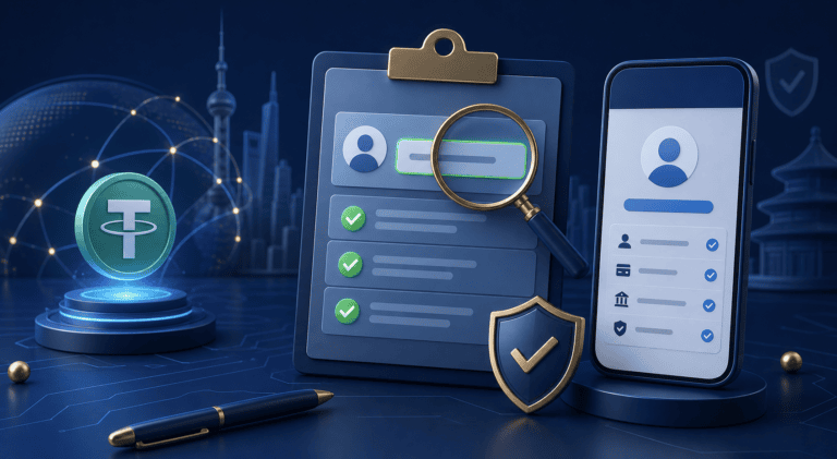 Illustration of an Alipay RMB recipient profile being checked before a supported USDT transfer