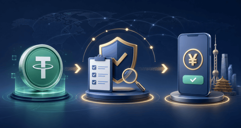 Illustration of supported USDT moving through transaction review to a confirmed RMB recipient payment