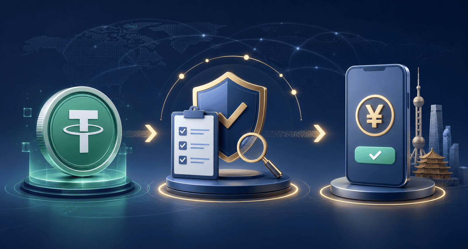 Illustration of supported USDT moving through transaction review to a confirmed RMB recipient payment