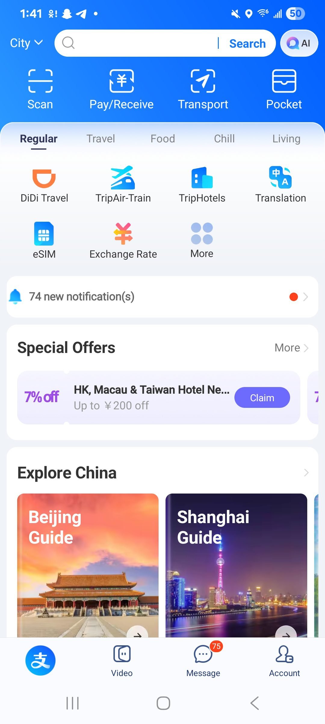 Alipay international home screen showing Scan, Pay, Transport, Pocket, travel, translation, eSIM and exchange-rate features