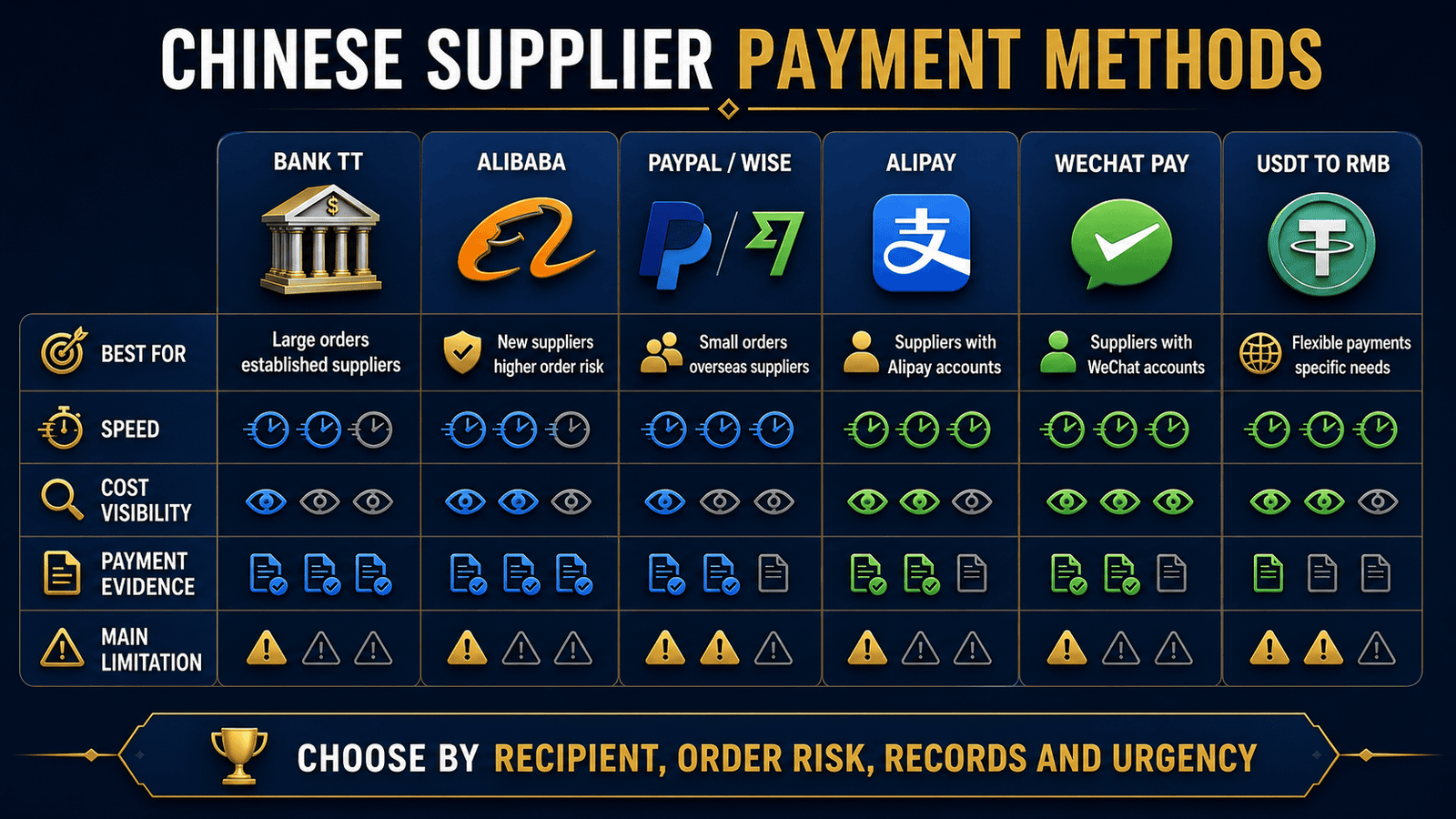 Comparison of Chinese supplier payment methods including bank TT Alibaba PayPal Wise Alipay WeChat Pay and USDT to RMB