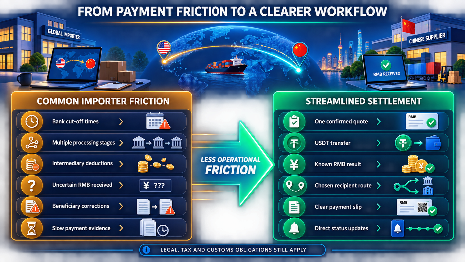 Comparison of common importer payment friction and a streamlined USDT-funded RMB settlement workflow